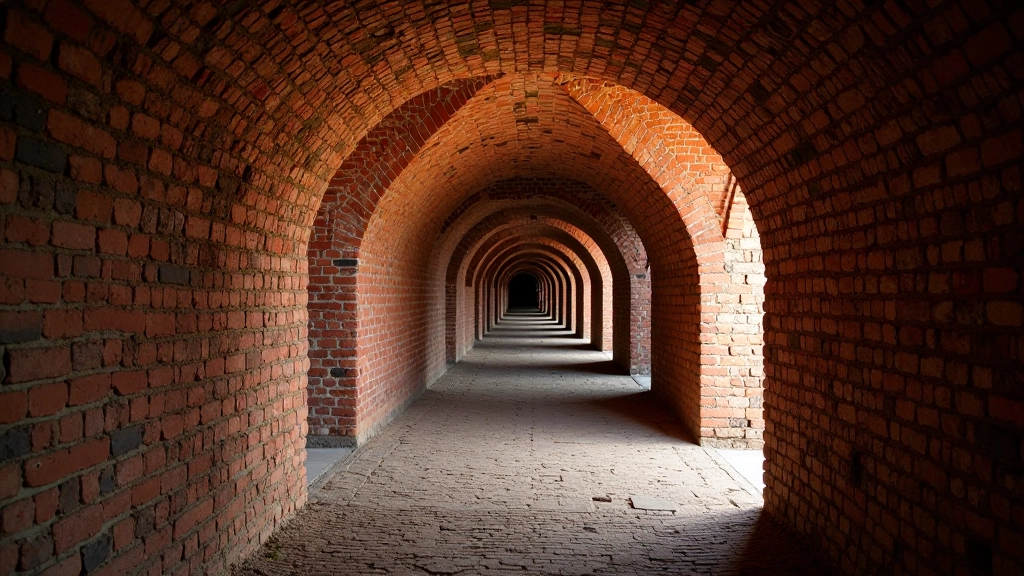 Zabytkowy tunel fortyfikacyjny z czerwonej cegły, ścieżka w cieniu murów