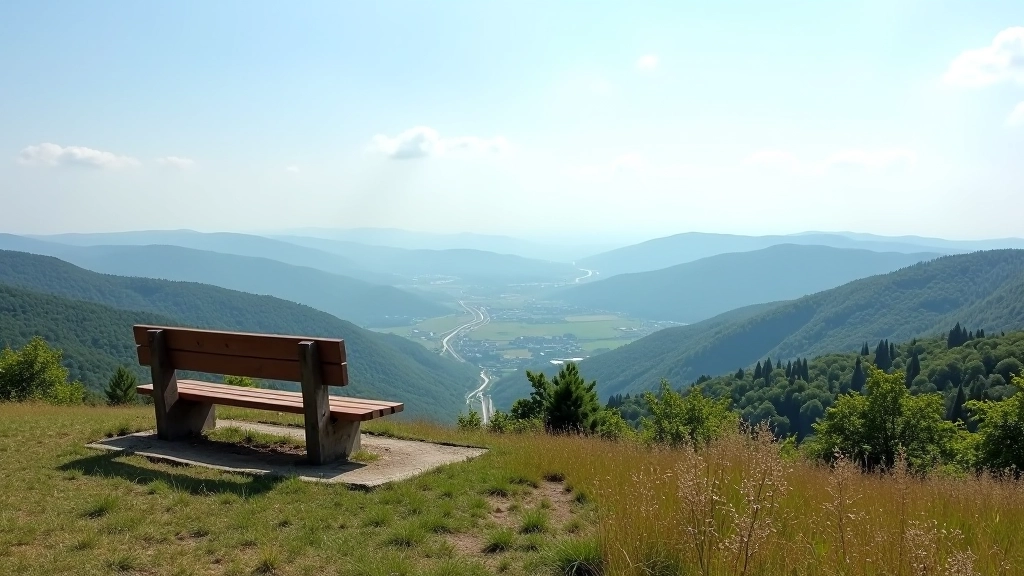 Punkt widokowy z widokiem na góry Stolowe i panoramę Dolnego Śląska, ławeczka na wzgórzu